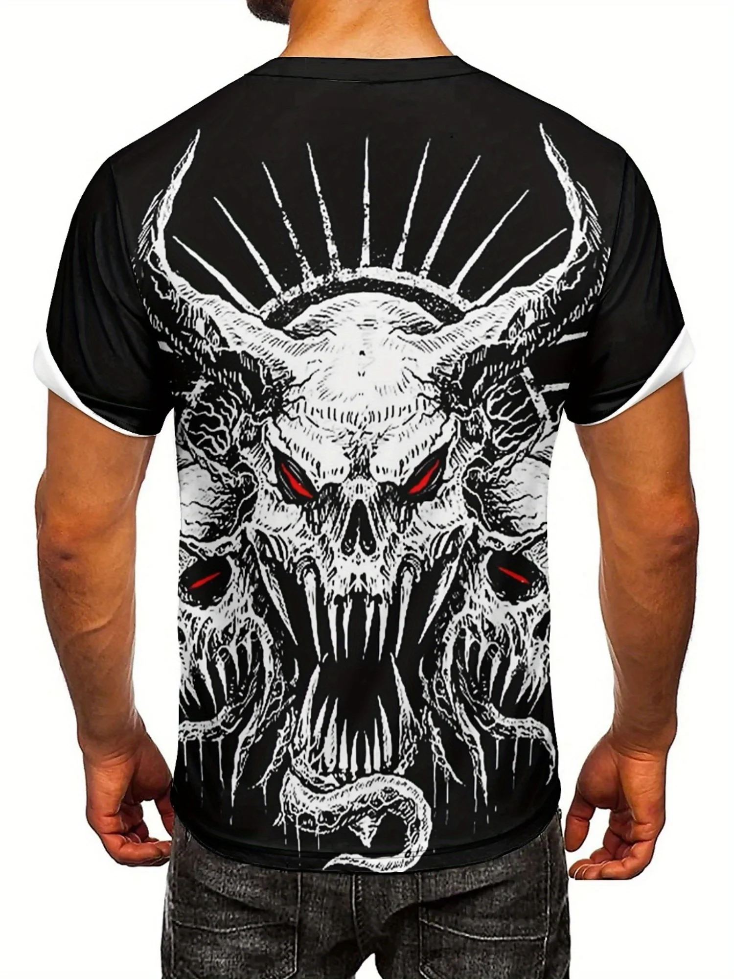 Camiseta masculina com estampa de caveira gótica do diabo – design de arte rock preto e branco, manga curta, poliéster, festa ouda