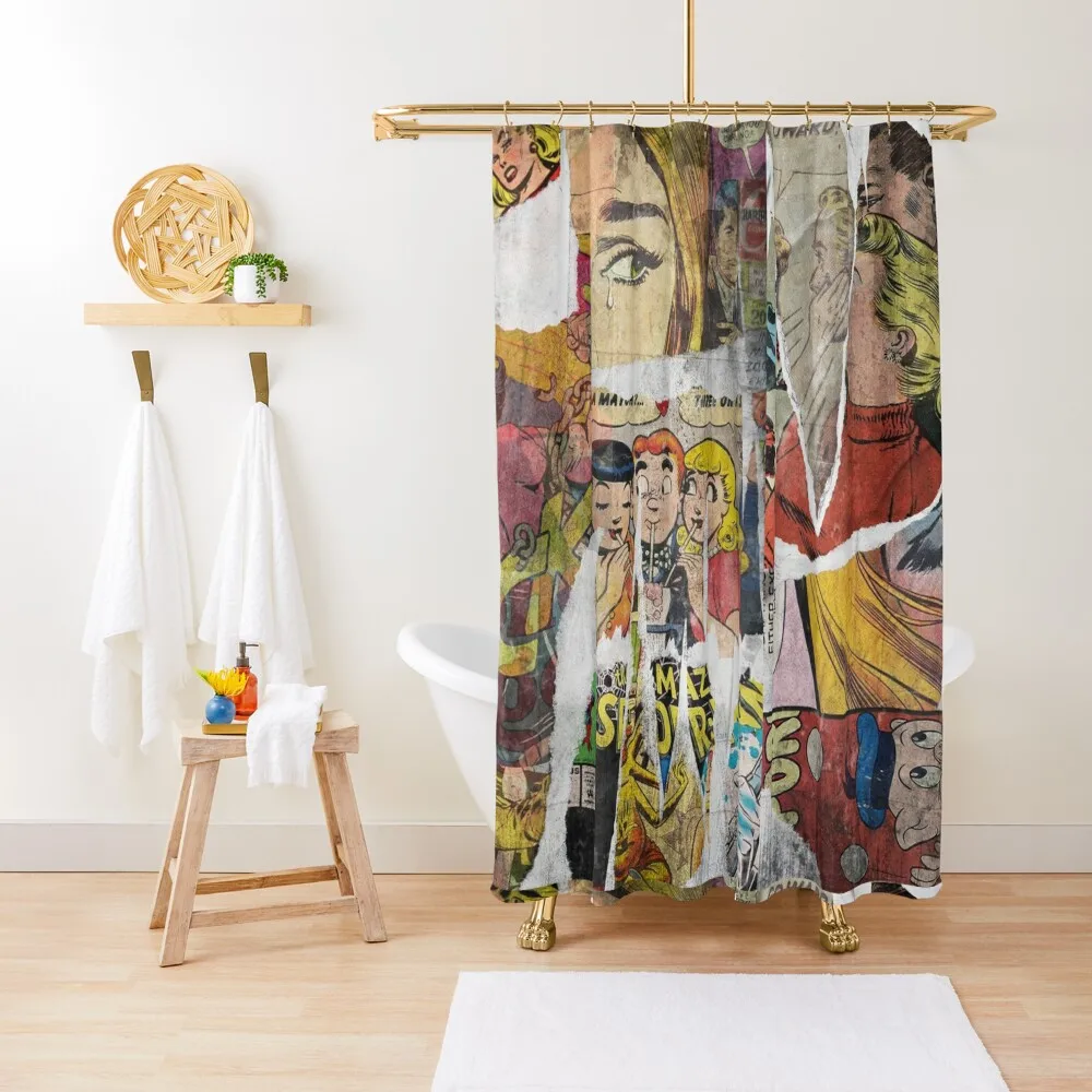 

Vintage Pop Art Comics Collage Shower Curtain Set For Bathroom Funny Shower Modern Accessory Bathrooms Curtain