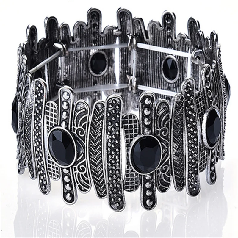 Punk Vintage Bracelet For Women Ancient Silver color Bohemia Concave Metal Rhinestones Crystal Bracelets & Bangles Jewelry Gifts