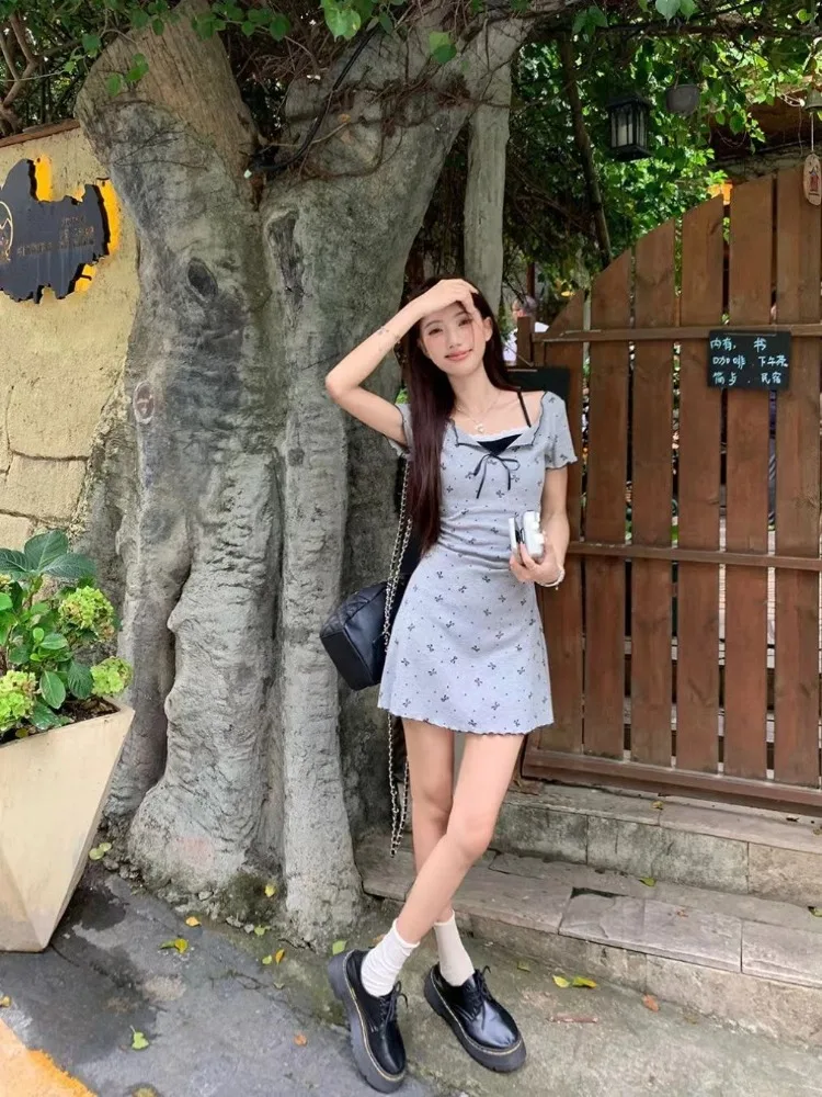 여성용 플로럴 반팔 드레스, 활 레이스 패치워크, 슬림 A 라인, 한국 스타일, 레저 올매치, 데일리 스위트, 페이크 2 개, 여름