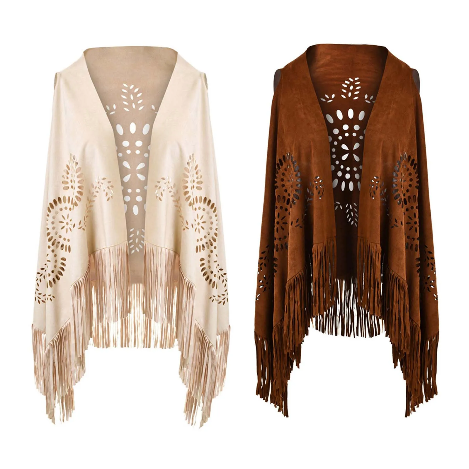 Suede Tassel Wrap Shawl Women Fashion Retro Fringe Hollowed Cloak Cape for Casual Party Dress Rock Photography Jacket Waistcoat