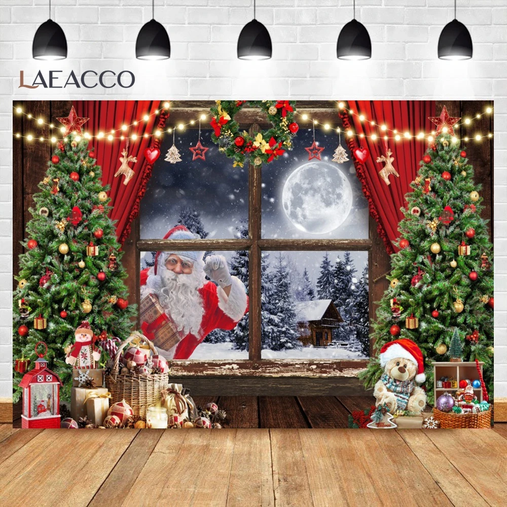 Christmas Photography Background Window Curtain Fireplace Winter Snow Night Xmas Tree Kids Family Portrait Decor Photo Backdrop