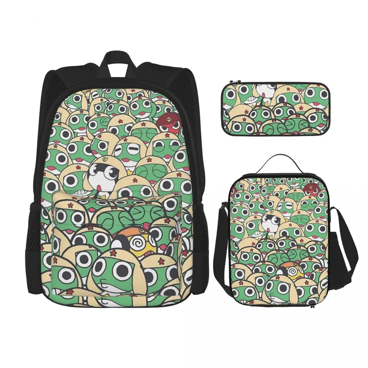 

Sergeant Keroro Frog Backpacks Boys Girls Bookbag School Bags Rucksack Lunch Bag Pen Bag Three-Piece Set
