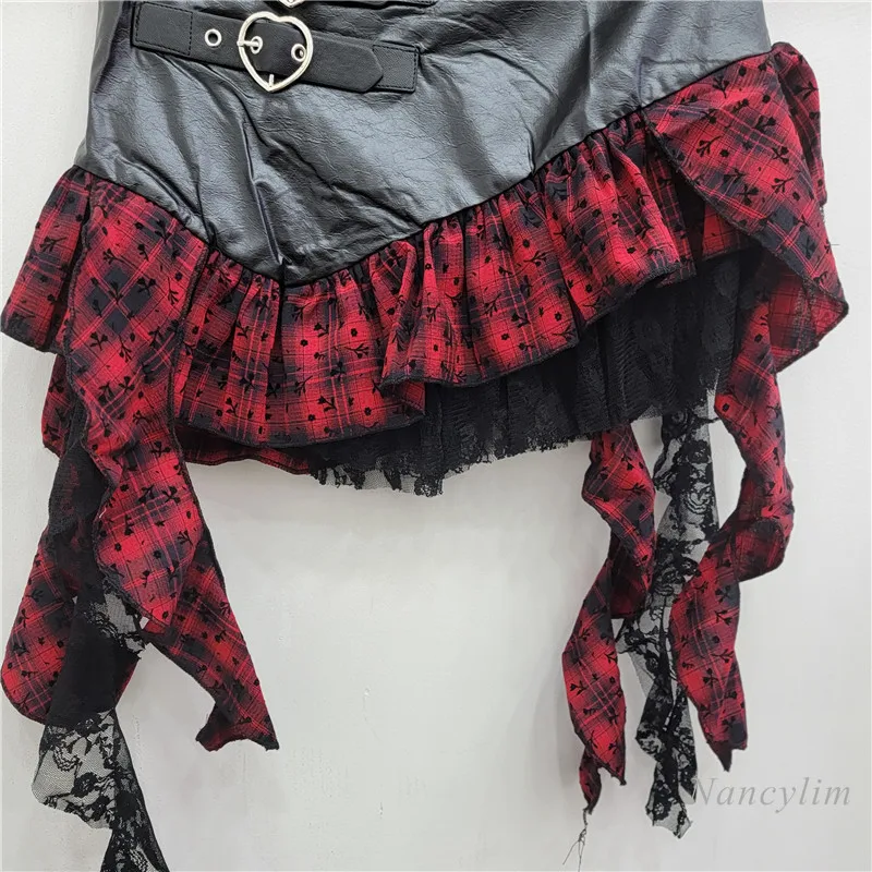 Irregular Ruffle Edge Skirt Plaid Splicing Leather Love Buckle Personalized Retro Spice Girl Short Skirt Women Spring Autumn