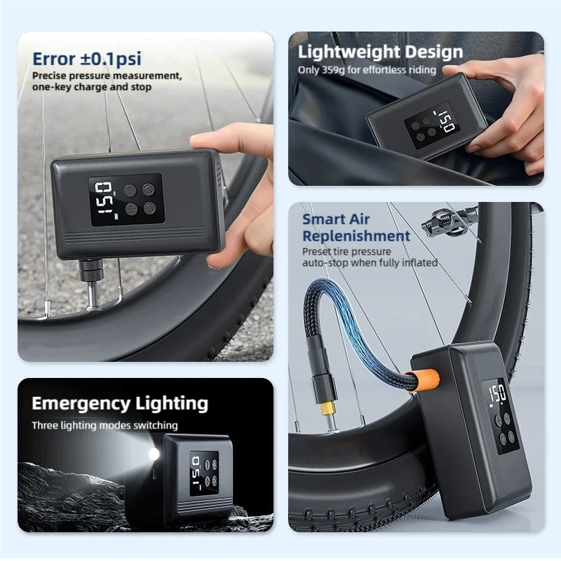TINSOL 150PS Electric Motorcycle Air Pump, Wireless Portable Tire Inflator, 3600mAh Battery with Lighting Function