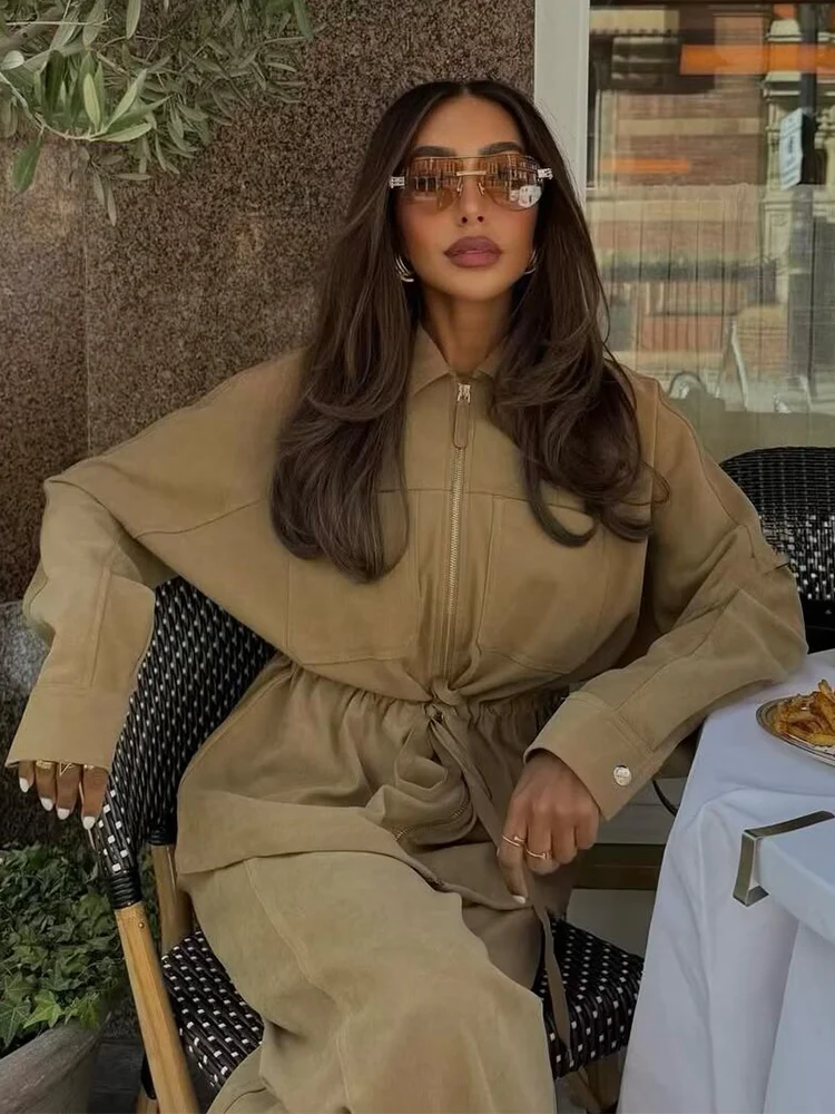 Women's Pants Sets 2 Pieces High Waist Casual Straight Leg Trousers Woman Outfit Long Sleeve Pockets Zipper Coat Solid Suit