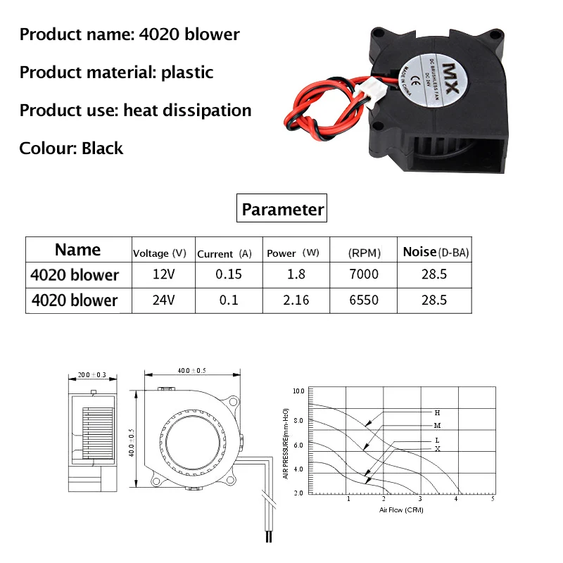 Ventilateur de refroidissement turbo en plastique noir pour extrudeuse, pièces d'imprimante 3D, 5cm, 50x50x15mm, 12V, 24V, 4020, 5015, 2 pièces