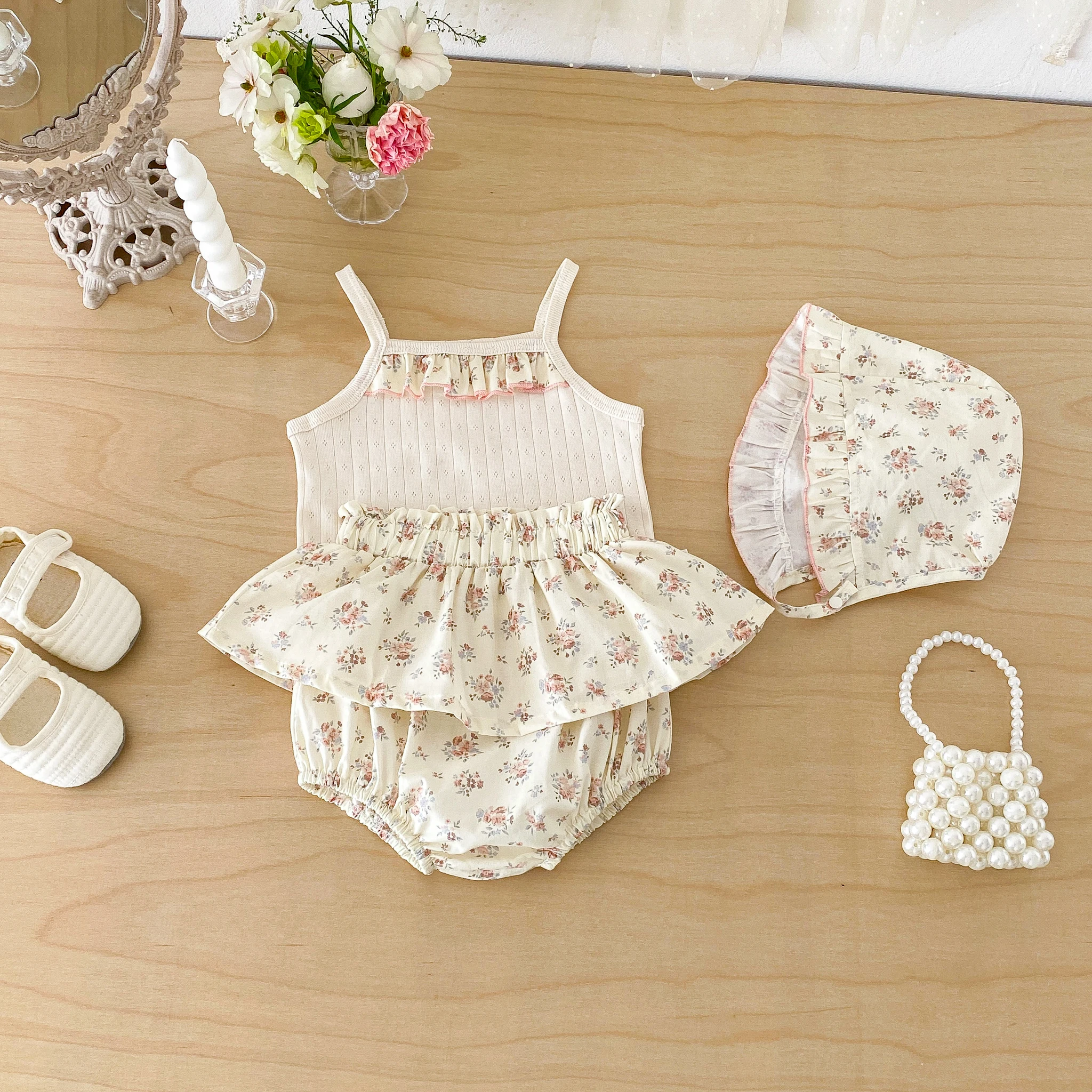2026 Summer Girls' V-Neck Blouse, Cake Skirt, Pants, Hat Three-Piece Set for Infants-Stylish Baby Girl Outfit