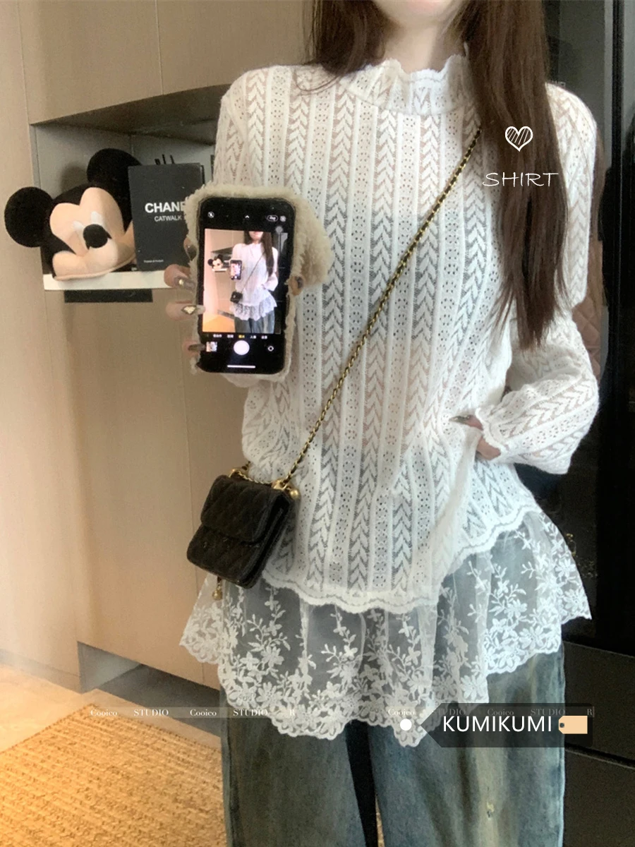 

High Quality Hot Selling Wholesale White Autumn Design Long Sleeved Semi High Neck Lace Lace Bottom Shirt Loose Top Women Y2K