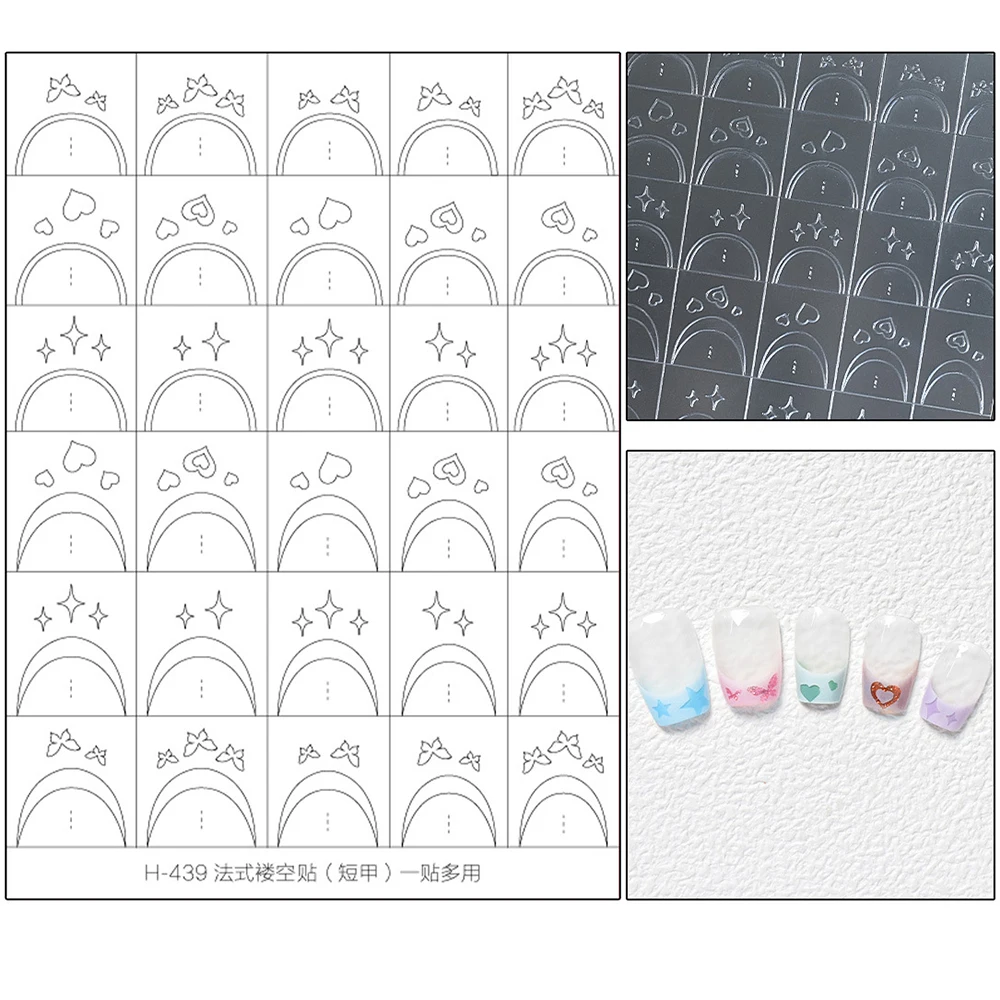 New 3D 2in1 Hollowed French Stickers Transparent Stars/snowflakes/bows French Line Nail Decals  For DIY Halo Dyeing Nail Decor