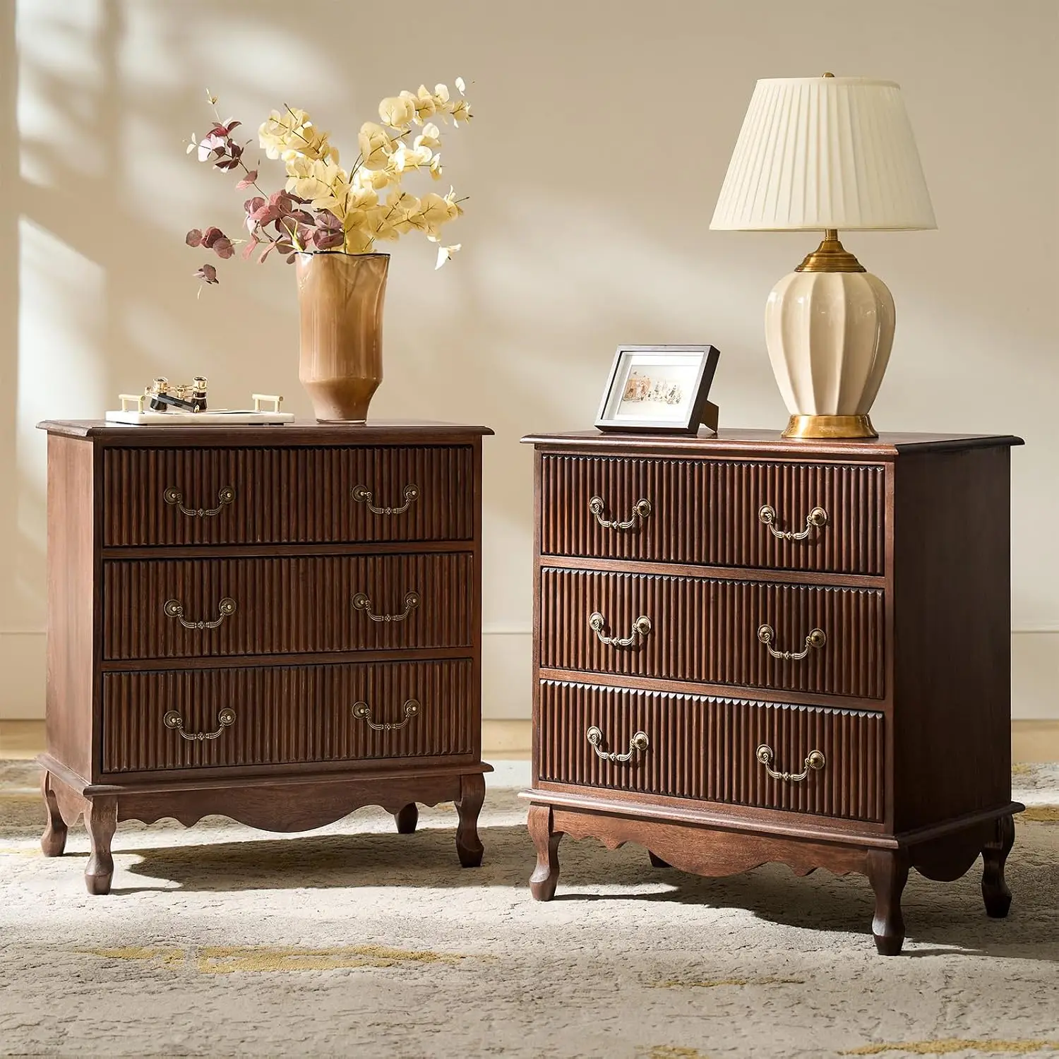 Paulownia Wood Side Table Set of 2 with 3 Drawers & Charging Station, 28