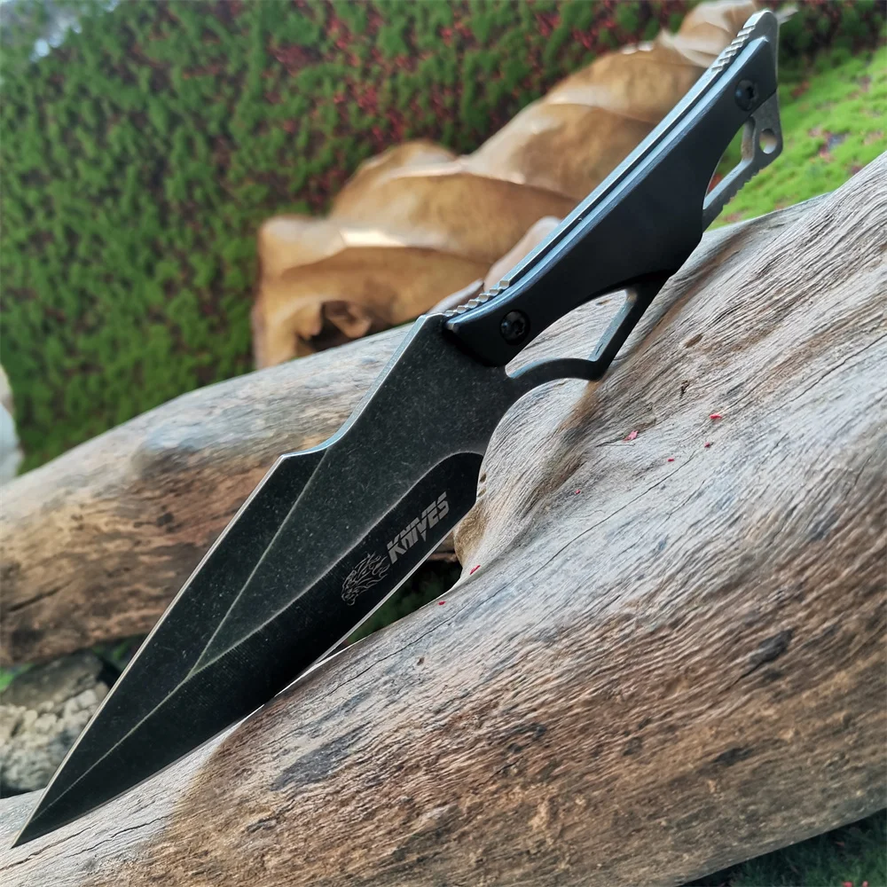 Black Wilderness Survival Knife with Wooden Handle - Outdoor Straight Tactical Camping Knife for Wilderness and Survival