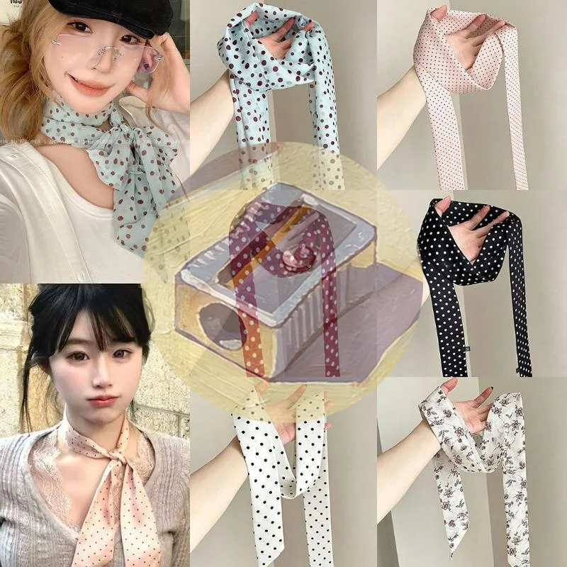 

▪Polka Dot Floral Print Silk Scarf Thin Neck Scarf Hair Band Bag Ribbon For Women Vintage Daily Wear Accessory