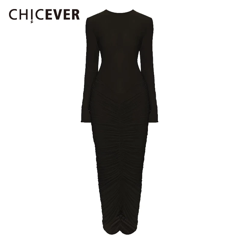 CHICEVER Solid Spliced Folds Dress Female O Neck Long Sleeve Slimming Minimalist Intellectual Women's Dresses Autumn Fashion New