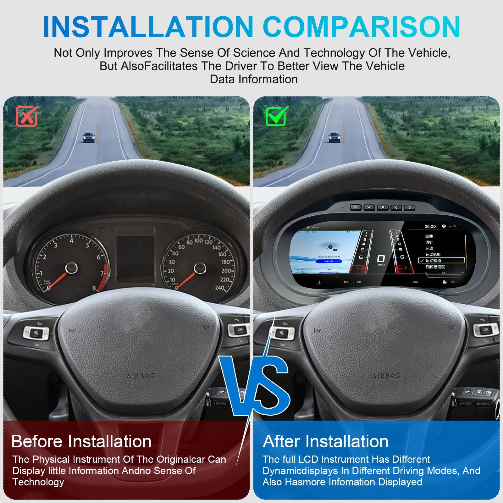 Navihua para VW Polo 2012-2018 LCD tablero Digital grupo de instrumentos inalámbrico Carplay HDMI medidor automático odómetro Virtual