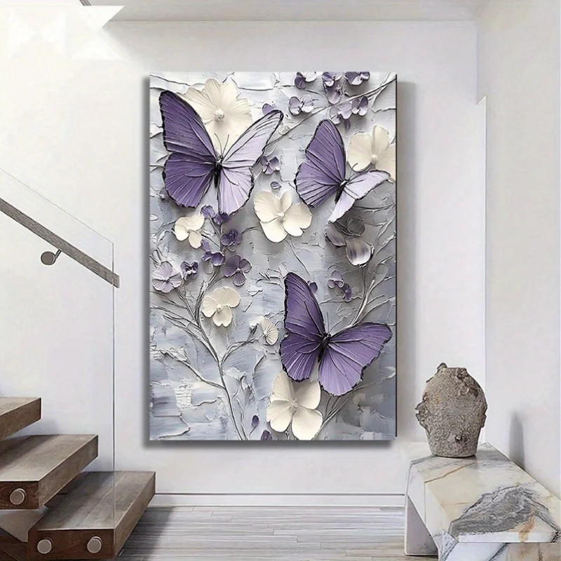 قطعة واحدة من قماش الأزهار على شكل فراشة مؤطرة ثنائية الأبعاد |   مزرعة ريفية (رمادي/أرجواني-أبيض) |   الزفاف/دش الزفاف/ديكور المنزل