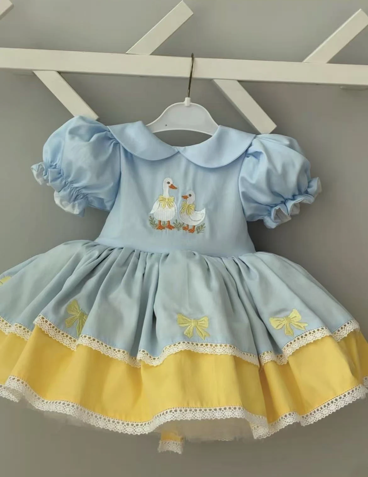 

0-12Y Baby Girl Summer Yellow Blue Duck Embroidery Vintage Princess Dress for Birthday Photography Holiday Eid B541