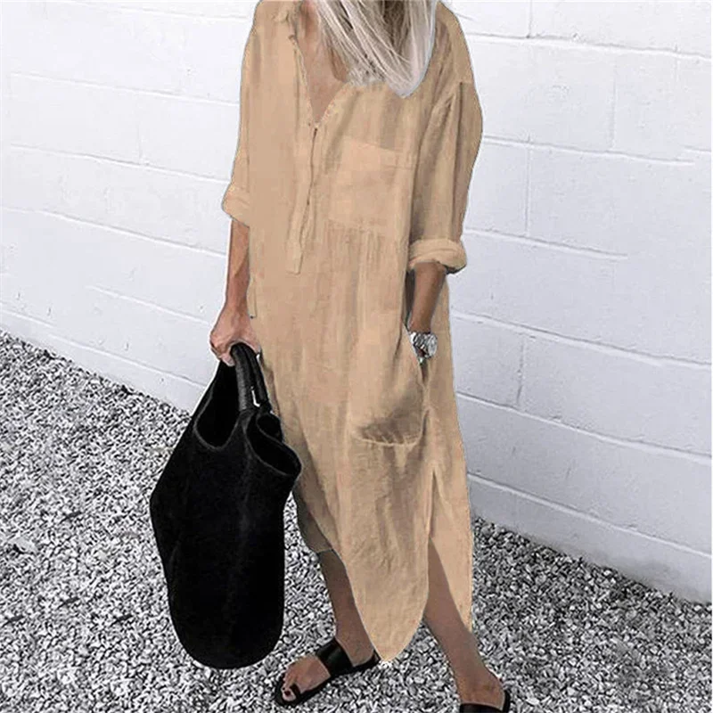 Frauen elegante Baumwolle Leinen einfarbige Kleider Sommer bequeme weibliche lässige Pendler Kleid Multi-Pocket Split Saum lose Kleid