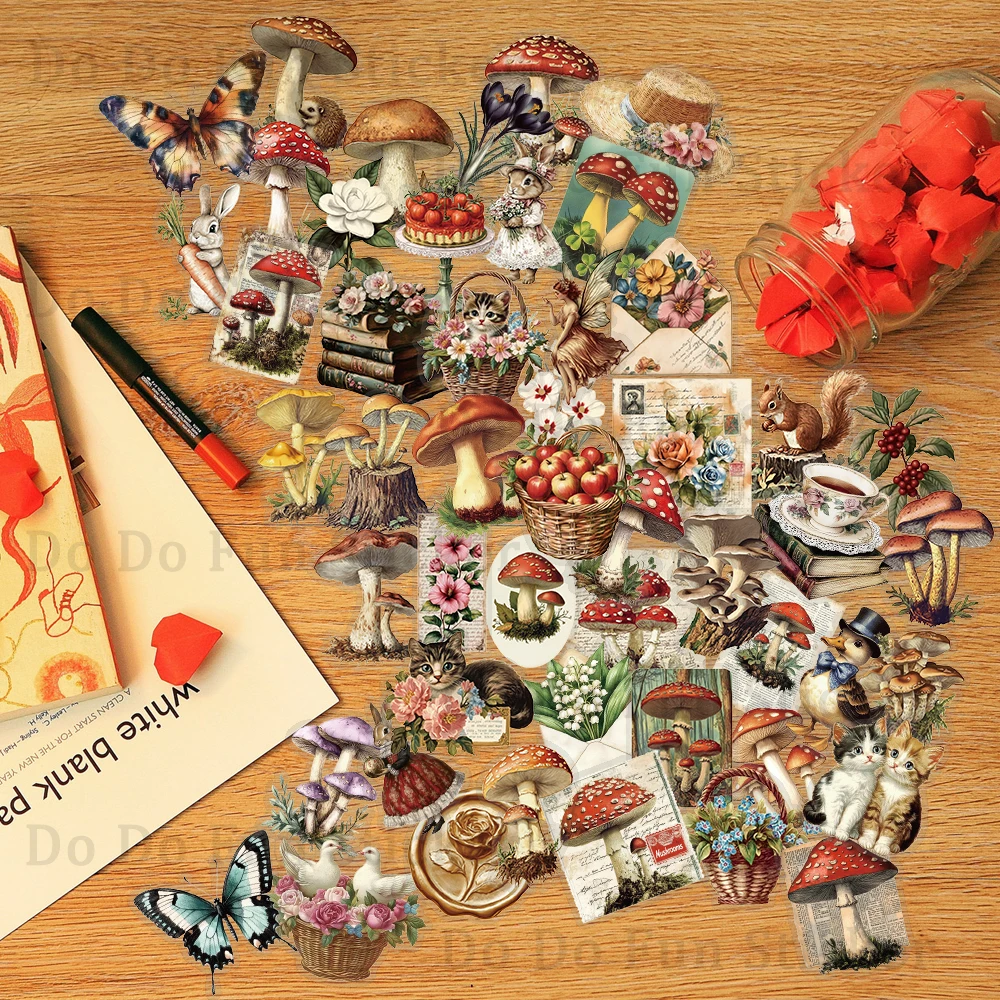 50PCS Kreative Retro Reife Saison Kleine Wald Pilz Aufkleber Wasserdichte PET Transparent Schmetterling Katze Personalisierte Geschenk Stic