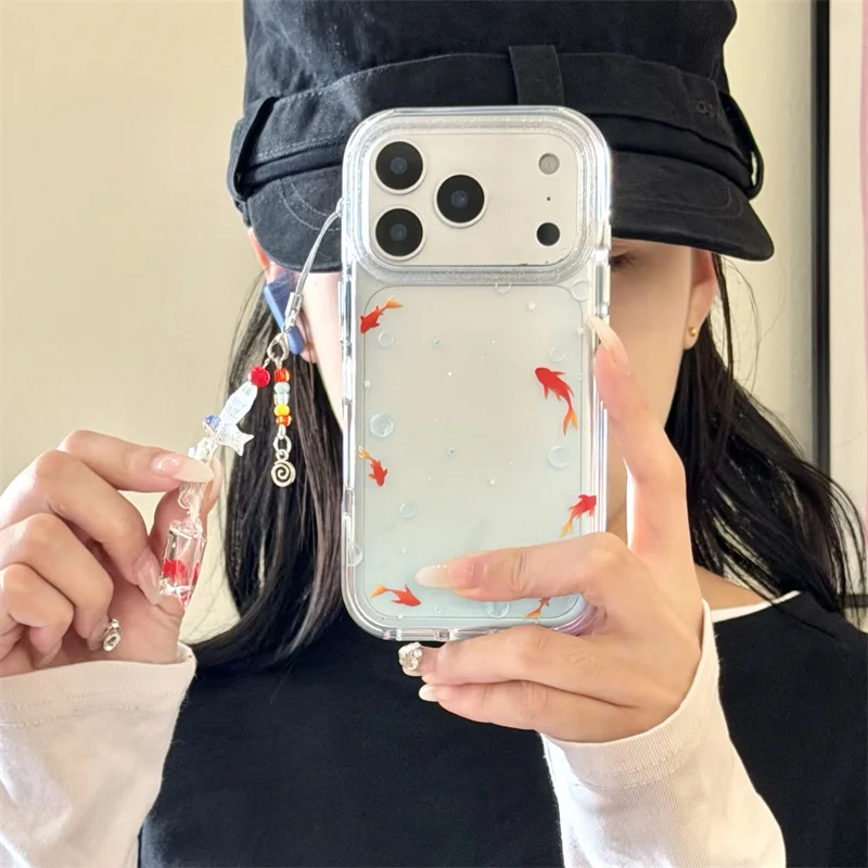 

Fashion Cute Little GoldFish Phone Case For iPhone 17 Pro 16 15 14 Pro Max Cover with Chain Shockproof Cartoon Protective Cases