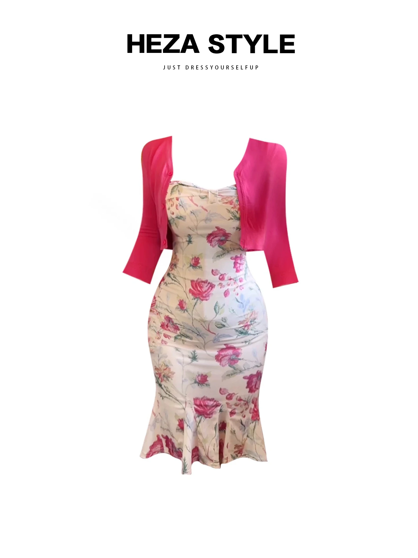 

HEZA Slim Fit Floral Fi Tail Dr Two Piece Set for plus Size Women Early Spring Versatile Open Cardigan Casual Wear