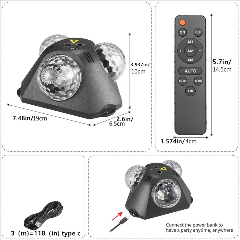 Party Lights Dj 3-Head Disco Ball Light with Pattern Projection and Sound Control with Remote Control Laser Light Rgb Colorful Background Light