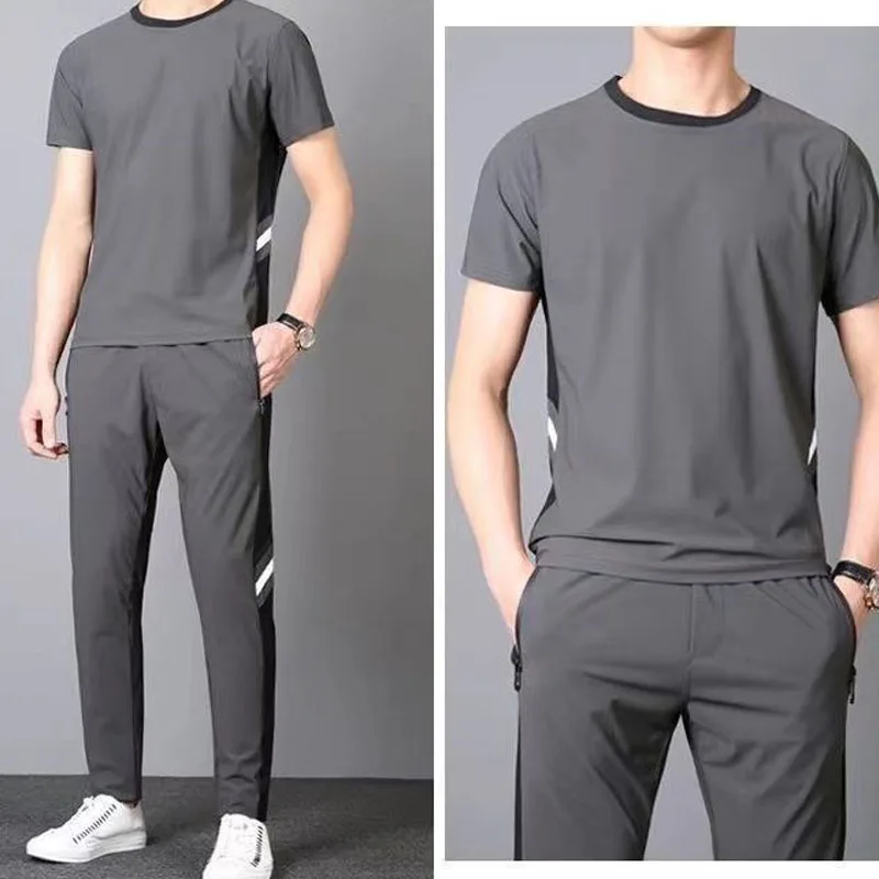 Trend Male Clothes Summer Short Sleeve Casual Patchwork Solid Color T-shirt Elastic Supple Fashion Tracksuit Men Trousers Sets