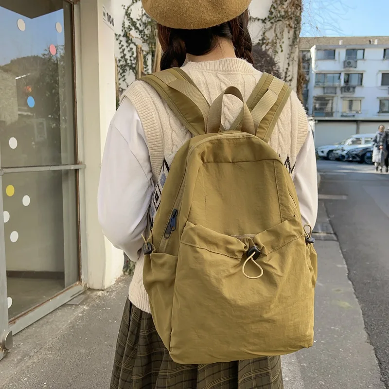 Ins Simple Drawstring Backpack Women Light Crinkled Nylon Large Capacity Bag College Student Commute Travel Casual School Bag