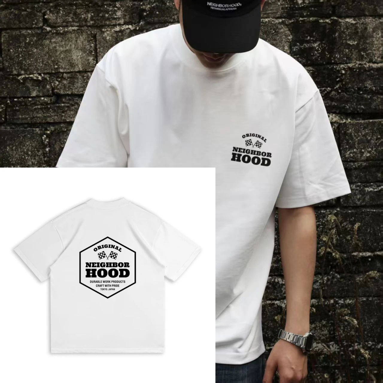 Neighborhood Original Grafik-T-Shirt für Herren und Damen, übergroßes Streetwear-T-Shirt mit Logo-Print vorne und hinten, Rundhalsausschnitt, kurze Ärmel, Sommer-Top