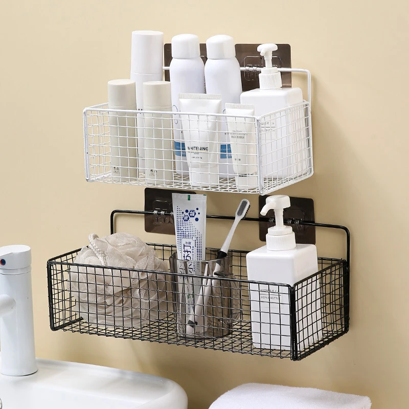 Black Wall-Mounted Bathroom Shelf Shower Shampoo Rack Kitchen Condiment Storage Basket Toilet Soap Holder Bathroom Organizer Doe