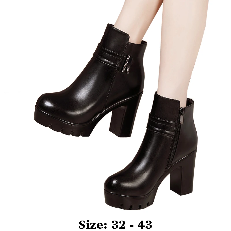 

High quality short ankle leather boots for women 10cm high heel platform 32 33 34 autumn winter fashion elegant shoe black red