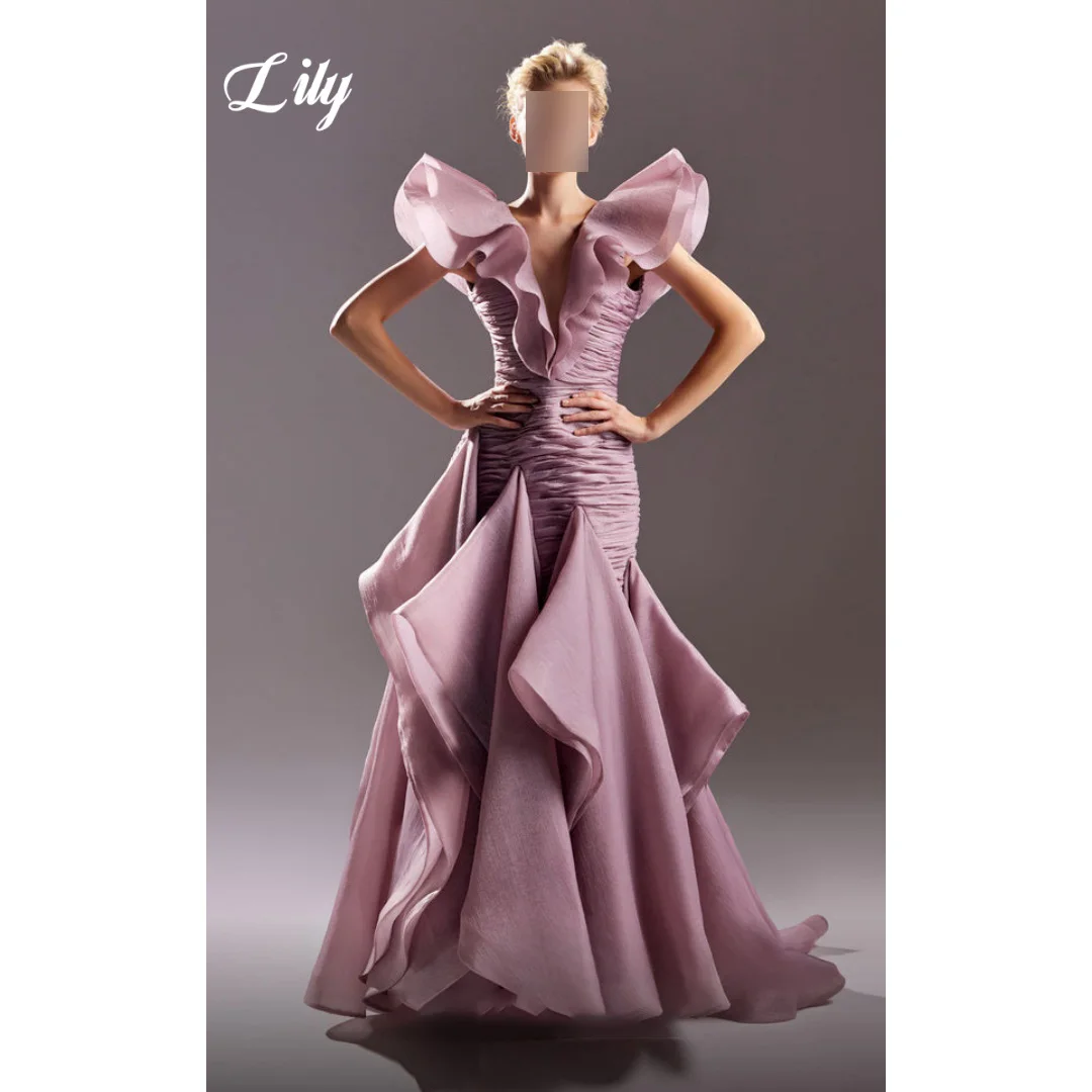 

Lily Elegant Purple Prom Dress V-Neck 3D Ruffle Cap Sleeves Ruched Fitted Waist Tiered Flounce Mermaid Evening Gown Customized