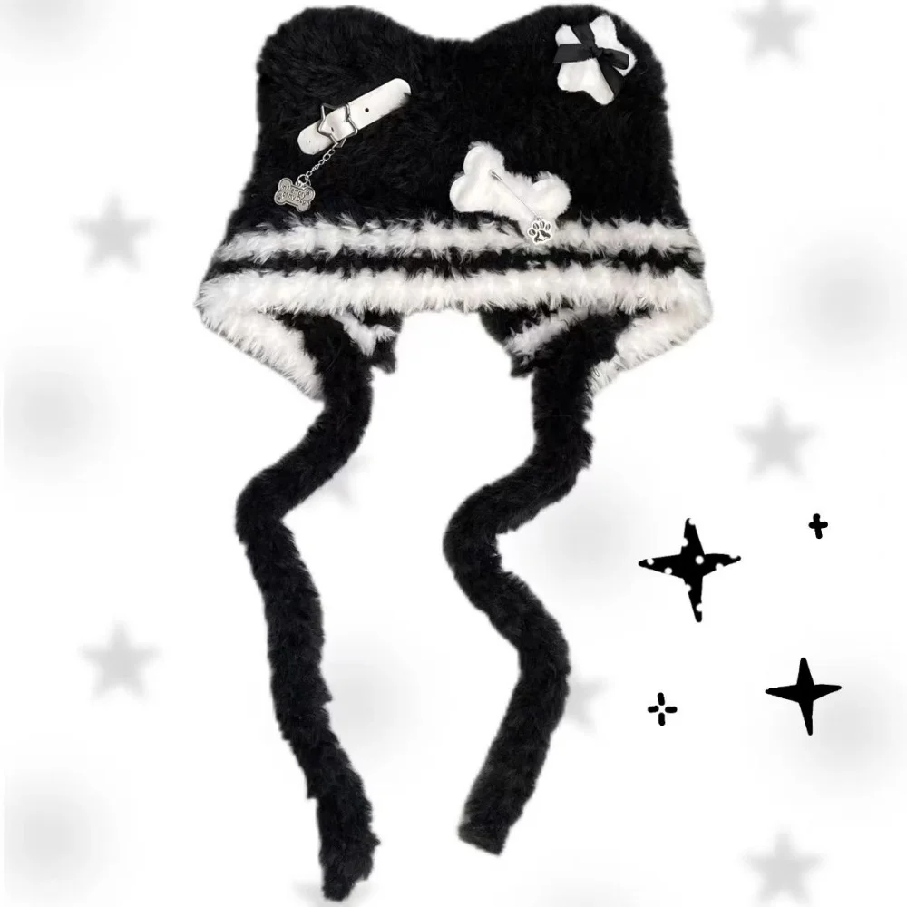 Chapeau gothique Harajuku Punk Lolita Y2K pour femmes, chapeau ours de sous-culture Original pour filles épicées, mignon petit os, croix, ailes d'étoile, chapeaux en laine