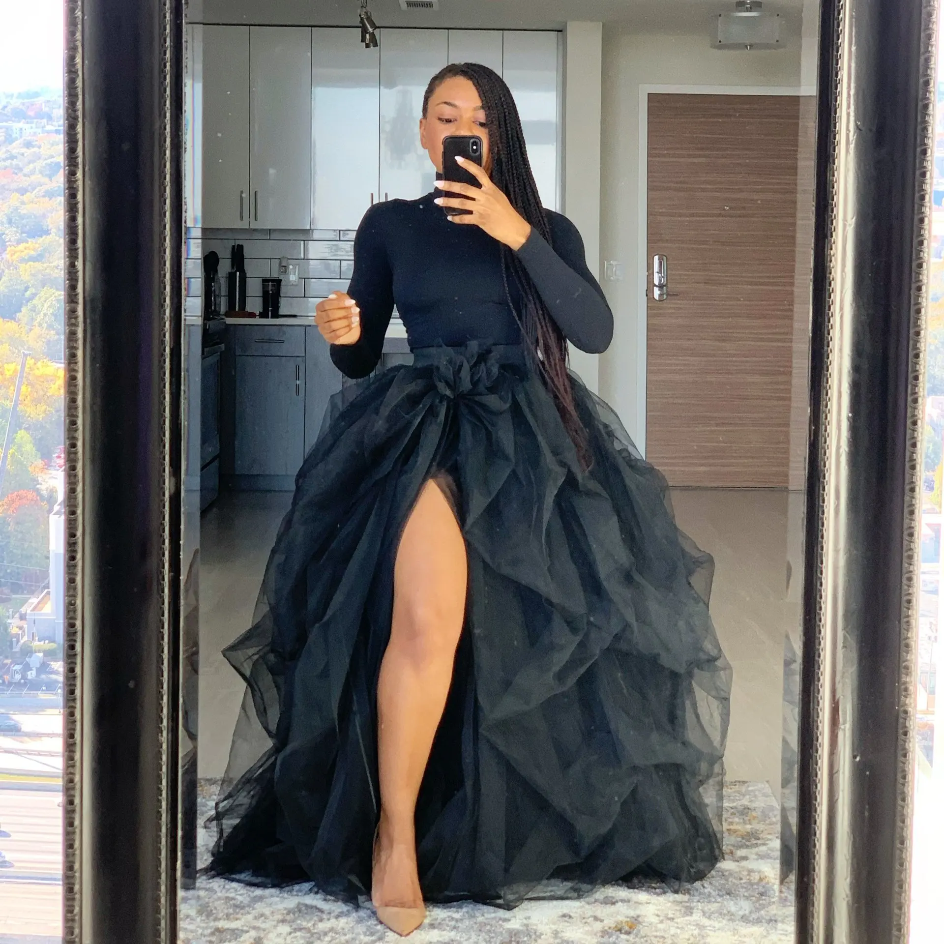 

High Waist Elastic Casual Mesh Puffy Women's Skirt Exaggerated Half Skirt Street Style Long Skirt Pure Color Polyester