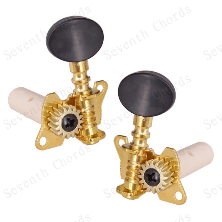 A Set 3R3L Gold Open Gear Classical Guitar String Tuners Tuning Pegs Keys Machine Heads - Black Small Oval Button