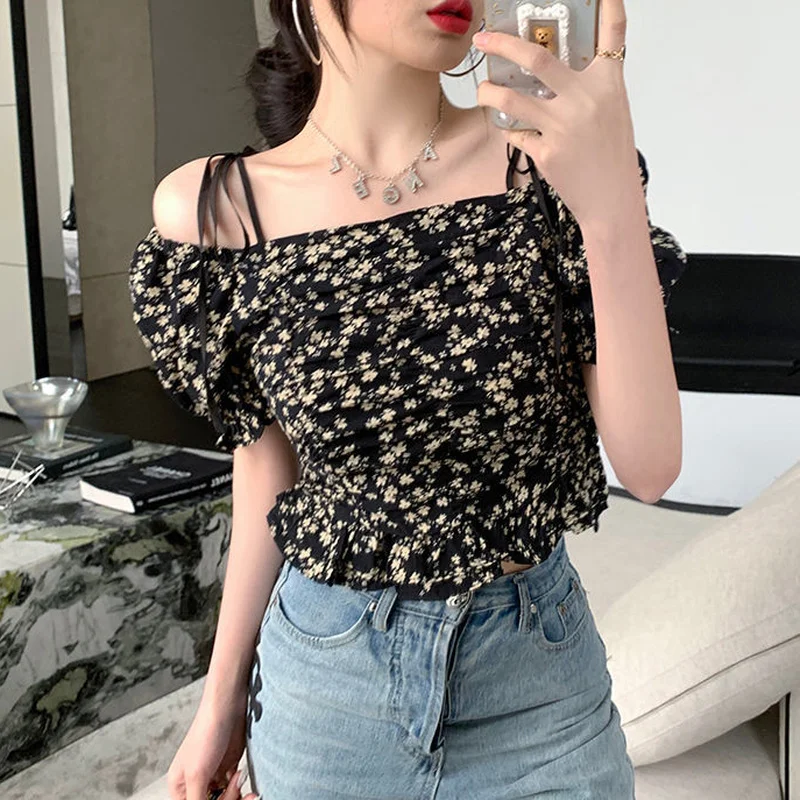 S-4XL Blouses Women Square Collar Floral Design Elegant Shirring Stylish Belt Short Puff Sleeve Shirts Crop Top Mujer Sexy Soft