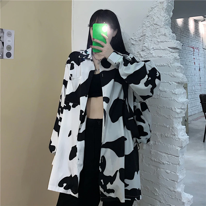 Cow Print Women Blouses 2023 Korean Style Fashion Spring Summer Button Up Shirts Loose Long Sleeve Women Leisure Tops Harajuku