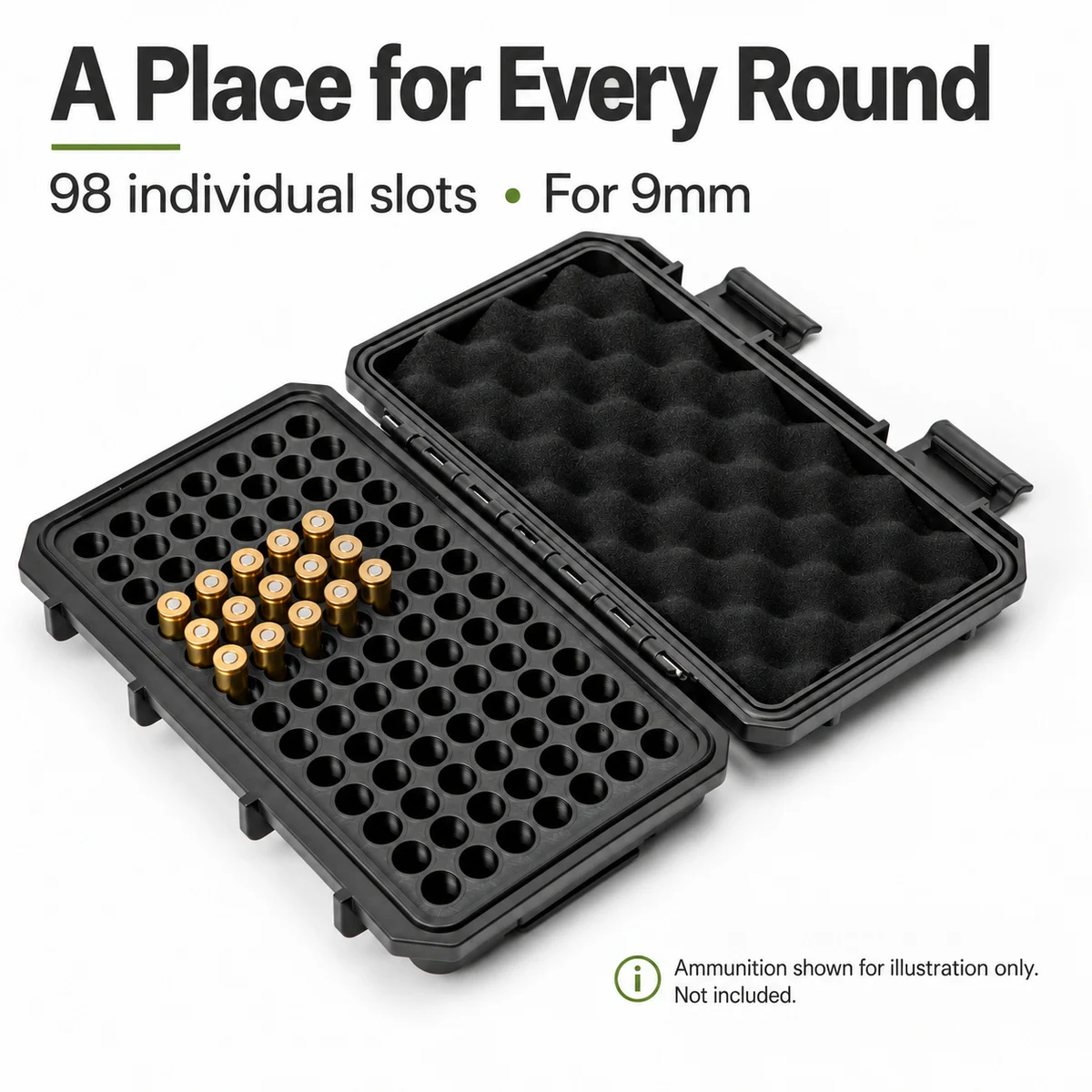 9mm 98-Round Ammo Case, Waterproof-Style Stackable ABS Storage Box with Foam Lining for Range and Home Organization