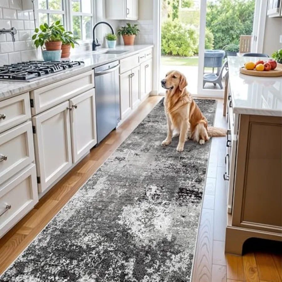 

3x12 Feet Long Hallway Runner Rug Non-Slip Washable Carpet Runner for Kitchen Entryway Bathroom Modern Abstract Neutral Low-Pil