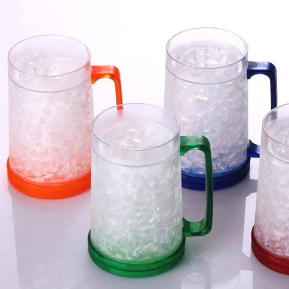 450ML Capacity Freezing Beer Mug Double Wall Structure with Handle Design Double Wall Beer Mug Clear Transparent Body Plastic