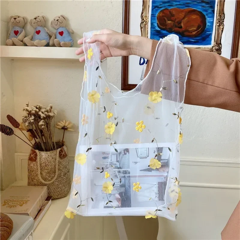 Female Flower Embroidery Hand Bag Organza Casual Tote Mesh Shopping Bags Woman Handbags