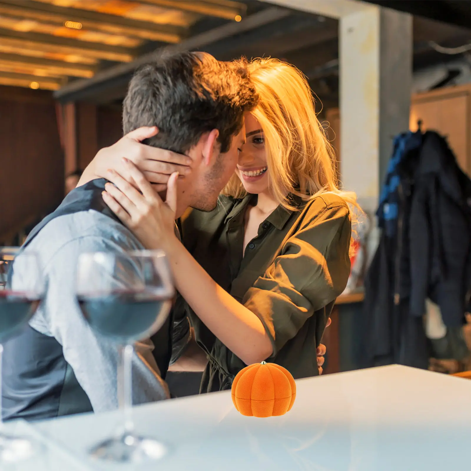 2Pcs Halloween Inspired Pumpkin Jewelry Box with Hinged Lid Ring Storage Box for Wedding Proposal Bridal Party Favor Display