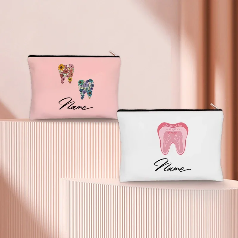 Bolsa de cosméticos con dibujos animados de dientes para mujer, estuche de lápices de viaje, bolsas de aseo de lona, bolsa de Golf, nombre personalizado, Kawaii