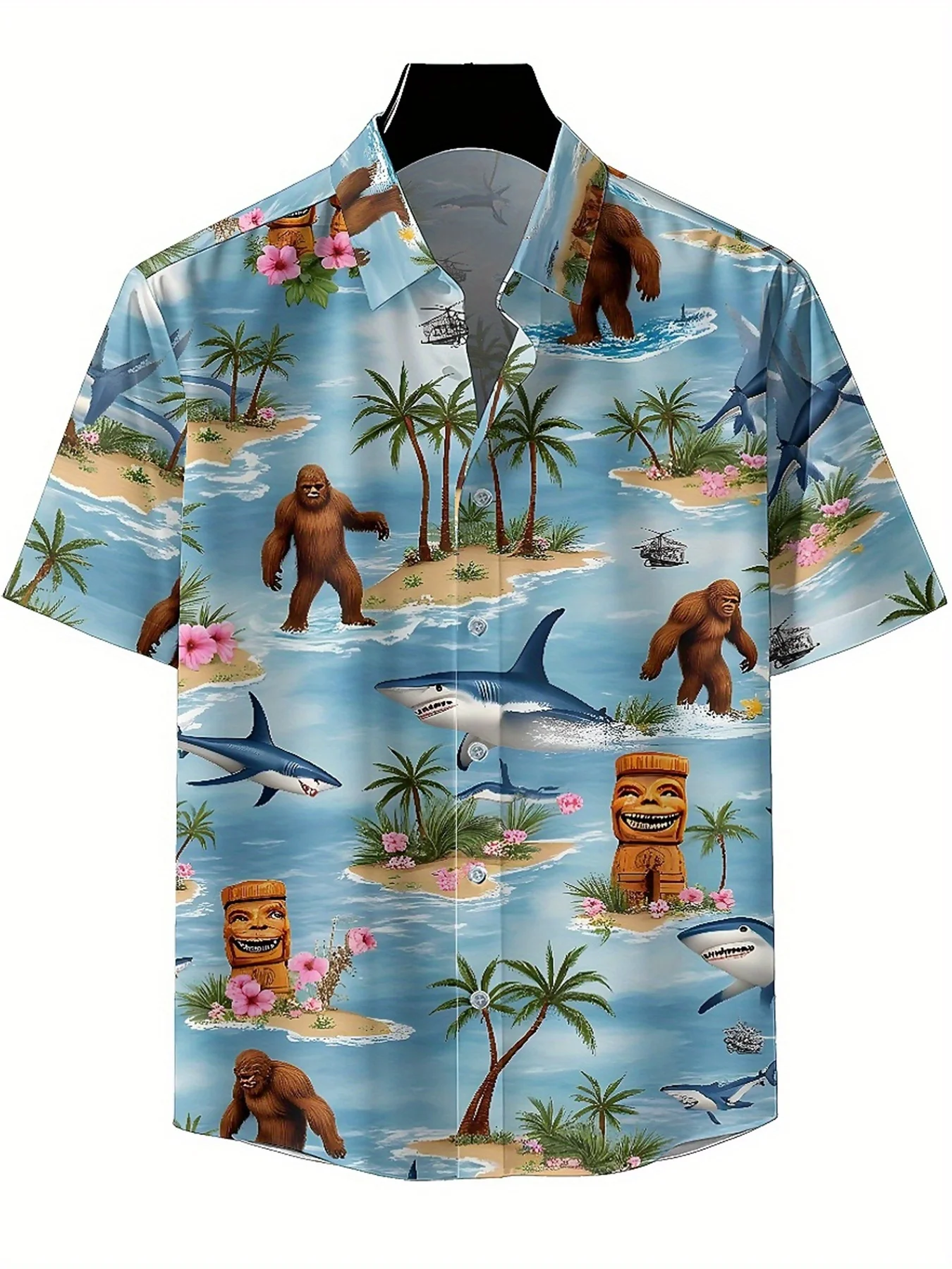 قمصان هاواي مقاس كبير للرجال نمط قناع الغوريلا وتكي، قمصان عصرية جديدة في الصيف، ملابس هيب هوب روك للشارع