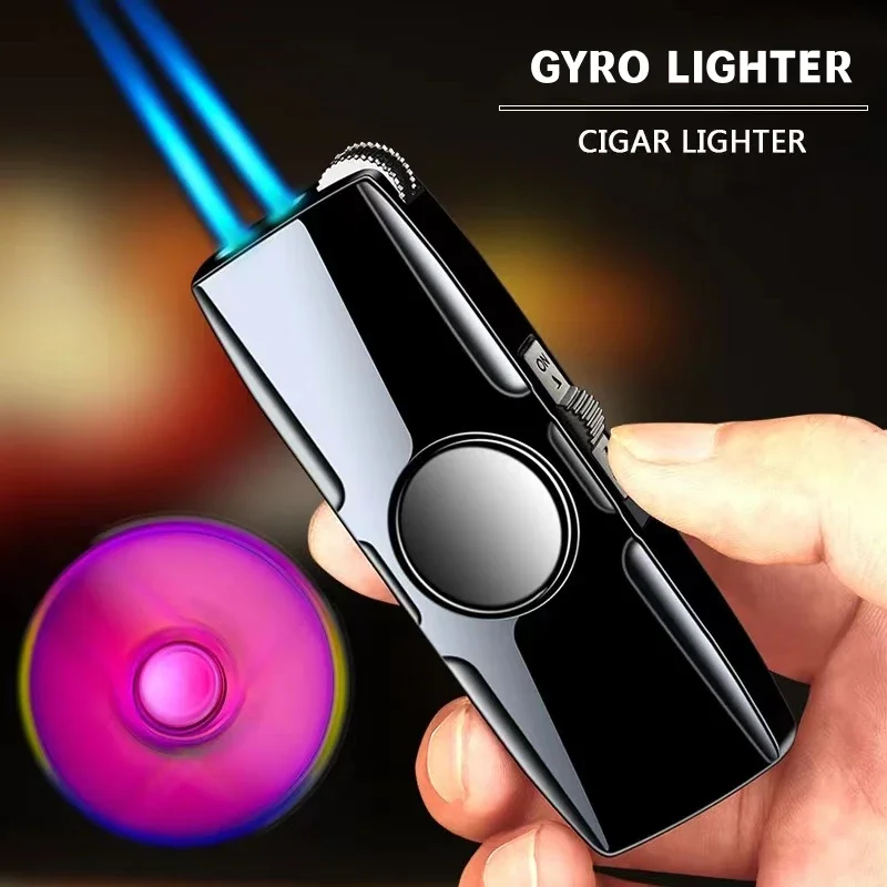 Metal Fingertip Gyroscope Gas Windproof Double Fire Blue Flame Direct Charge Lighter Creative Toy Gifts Cigarette Accessories