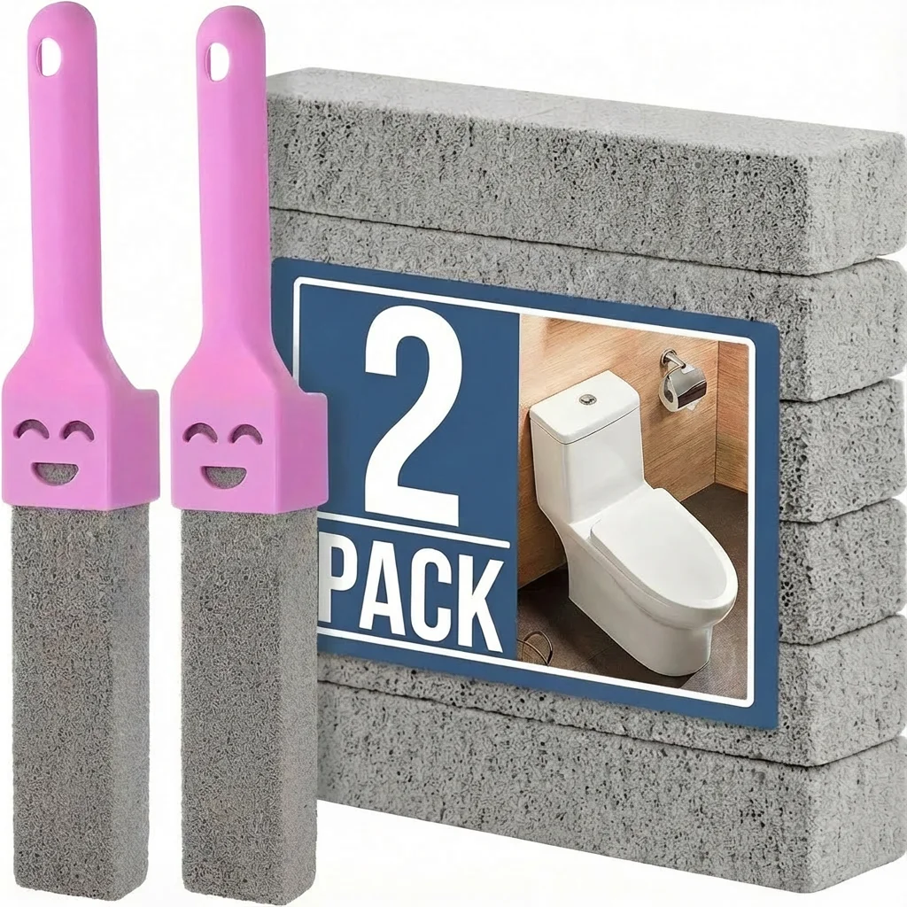 

2 Pack Pumice Stone Cleaner with 2 Universal Handles - Grey Scouring Sticks for Toilets Bathrooms Kitchens Spas Pools