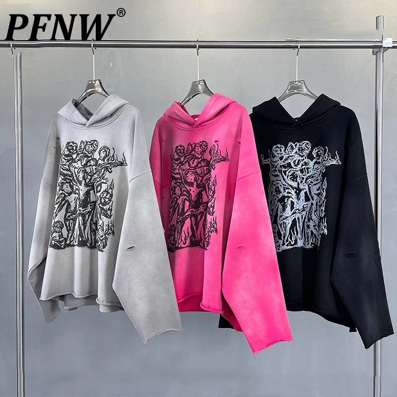 PFNW Spring New Irregularly Torn Holes Raw Edges Distressed Spray Monkey Print Hooded Sweatshirt High Street Tide Hooded Top T