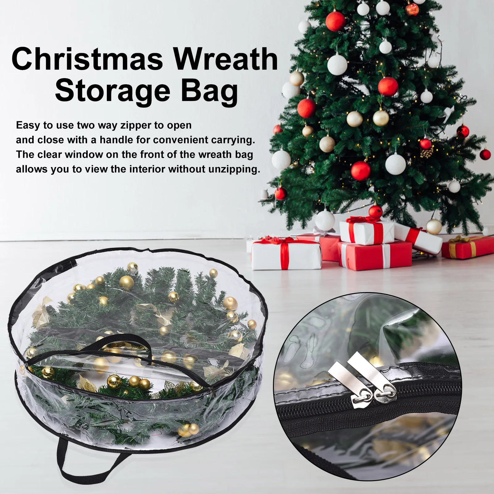 30-inch Garland Storage Bag Christmas Decor PVC Foldable Waterproof Tansparent Durable Black Border Transparent Carry Organizer