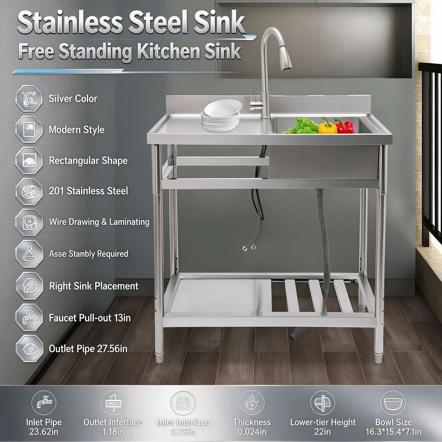Stainless Steel Commercial Restaurant Kitchen Sink,Silver Kitchen Sink Set, Free-standing Kitchen Sink With Pull-out Faucet