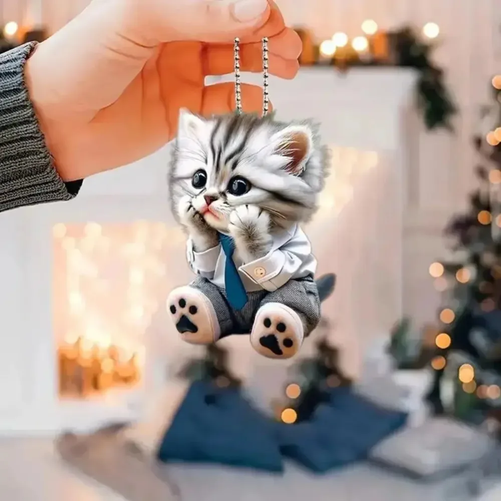 1pc Cat Shaped Car Pendant Realistic Animal Rearview Mirror Hanging Ornament Auto Interior Decor Accessories With Chain